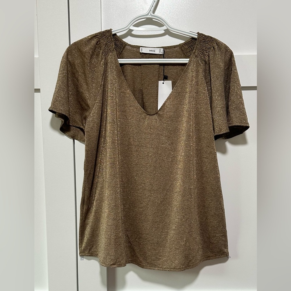 NWT - MNG by Mango Gold Shimmer Short Sleeve Top / Blouse Size S